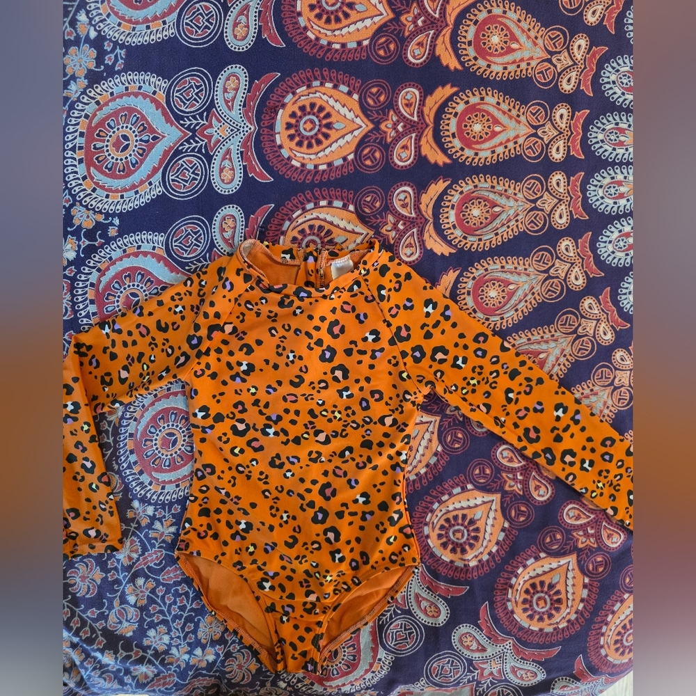 Cat & Jack Vibrant Orange Leopard Print Long Sleeved Bathjng Suit.